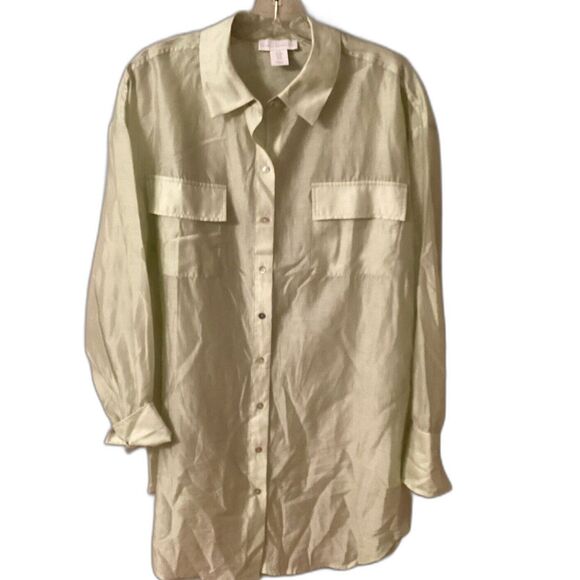 HOUSE OF HARLOW 1960 MEDIUM GREEN BUTTON UP SHIRT LYOCELL COLLARED LONG SLEEVES - Picture 1 of 8